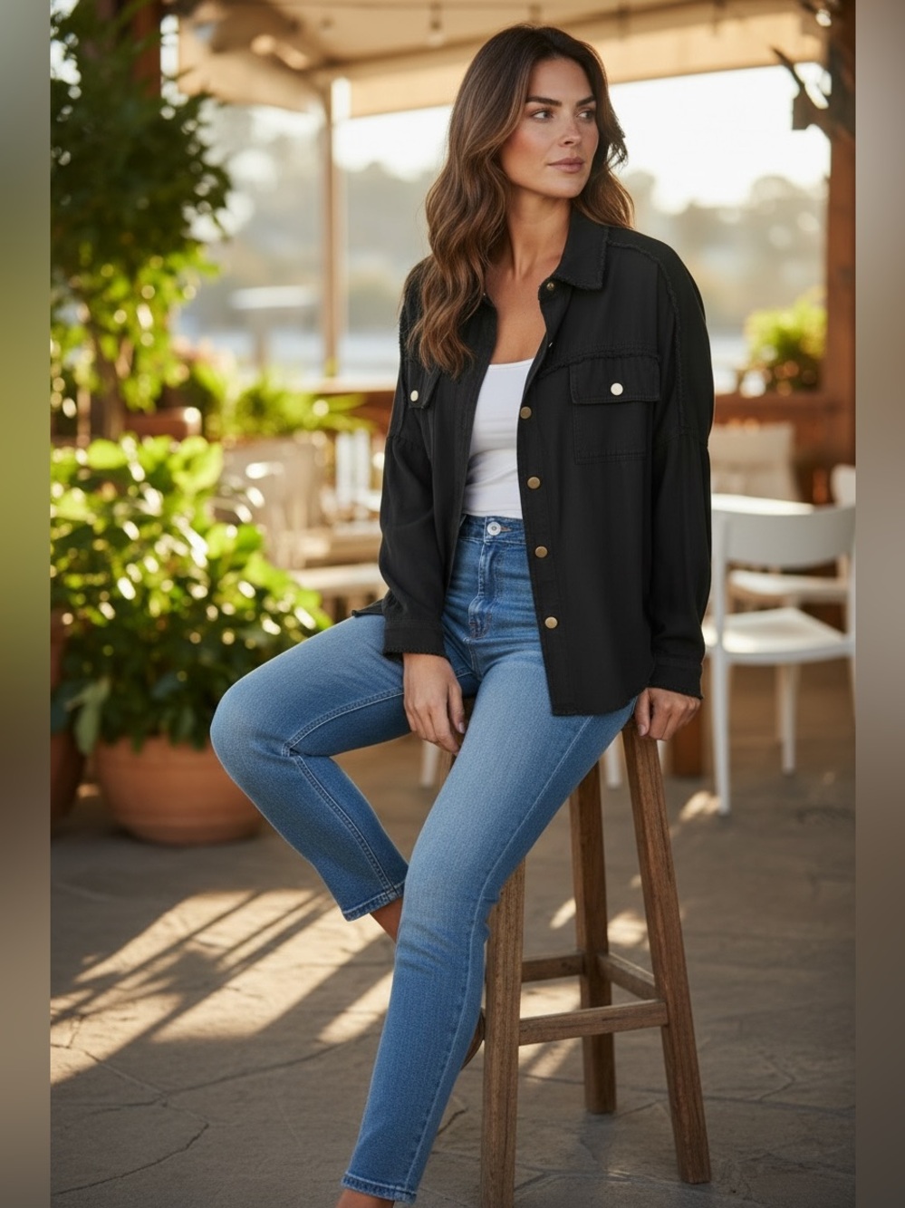 Black Button Down with White PEACE Graphic